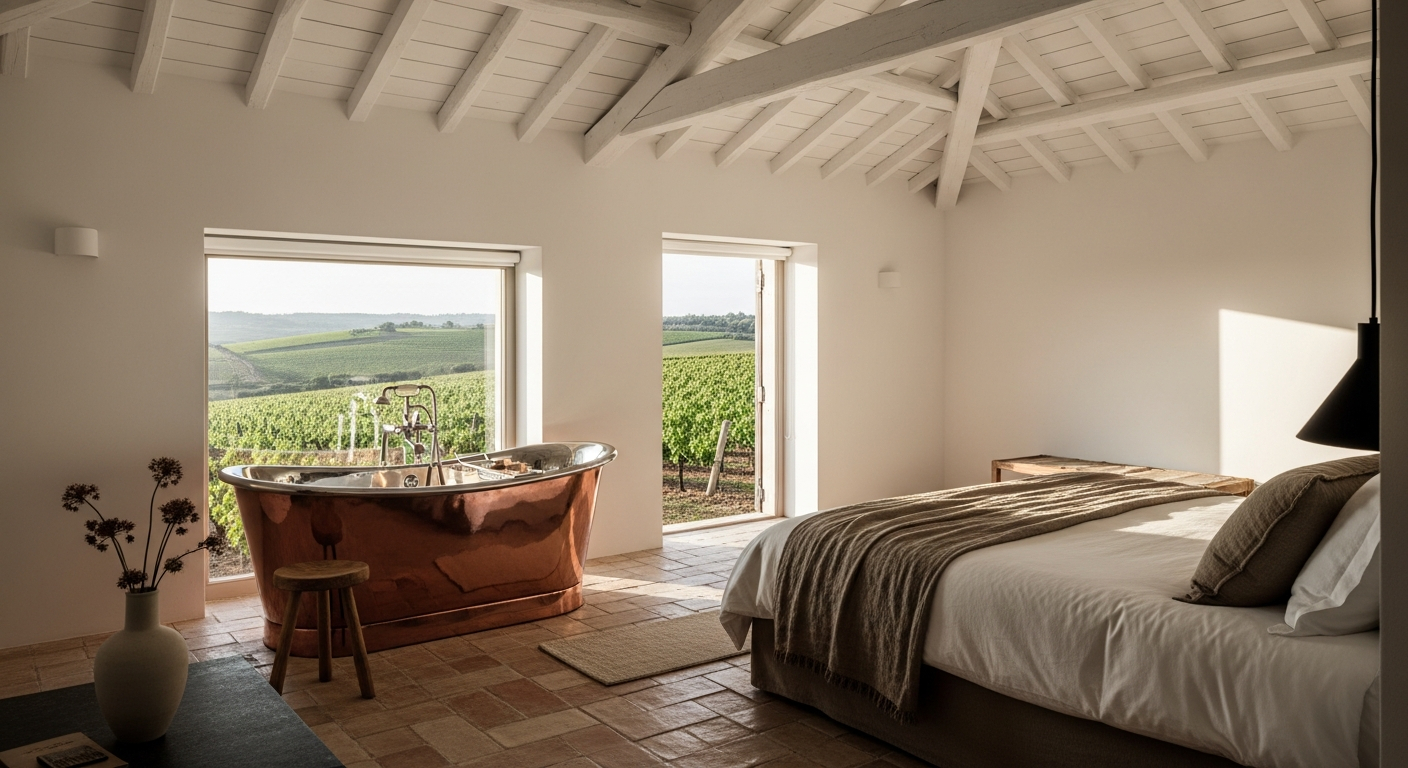 AI_IMAGE: Interior of a luxury boutique hotel suite in a converted Algarve quinta, whitewashed vaulted ceiling with exposed timber beams, a freestanding copper bathtub near a window overlooking vineyards, linen bedding, terracotta floor tiles, warm muted tones, editorial luxury | photorealistic | landscape