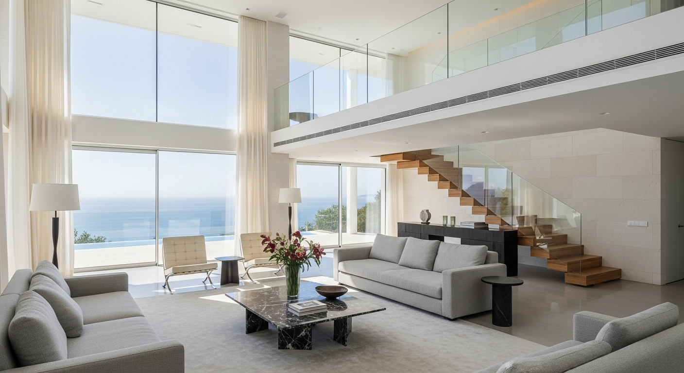 AI_IMAGE: Interior of a renovated luxury villa in Cascais showing a double-height open-plan living area with polished concrete floors, white lime-washed walls, floor-to-ceiling glazing framing an ocean view, contemporary Italian furniture, warm timber staircase to the upper floor | photorealistic | landscape