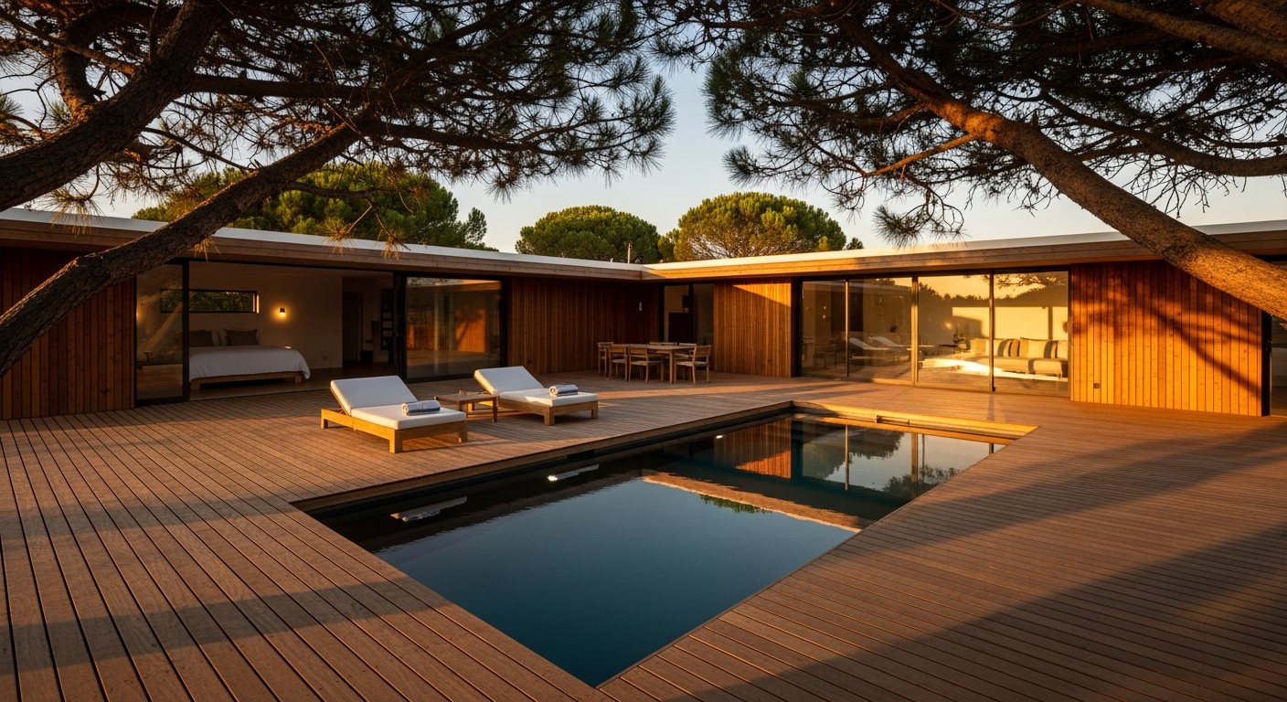 AI_IMAGE: A wide timber deck extending from a minimalist Comporta retreat at sunset, plunge pool with still water reflecting the sky, low-profile outdoor loungers, umbrella pine canopy framing the scene, warm amber and deep blue tones | photorealistic | landscape