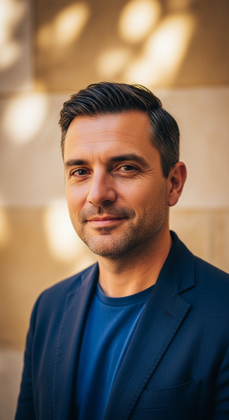 AI_IMAGE: A confident male founder in his early 40s wearing a dark navy linen blazer, photographed from the chest up against a warm limestone Portuguese wall with soft dappled sunlight. Natural, editorial, candid expression. Cobalt and warm amber tones. | photorealistic | portrait