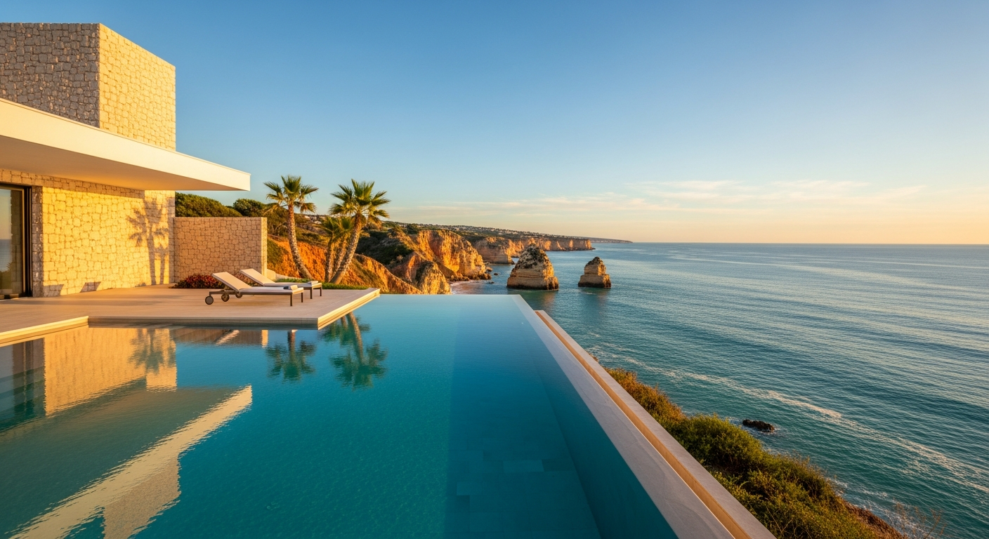 AI_IMAGE: Contemporary minimalist villa infinity pool overlooking the Algarve coastline with dramatic limestone cliffs, turquoise Atlantic water, clear sky. Shot at magic hour with warm amber light catching the stone facade. | photorealistic | landscape