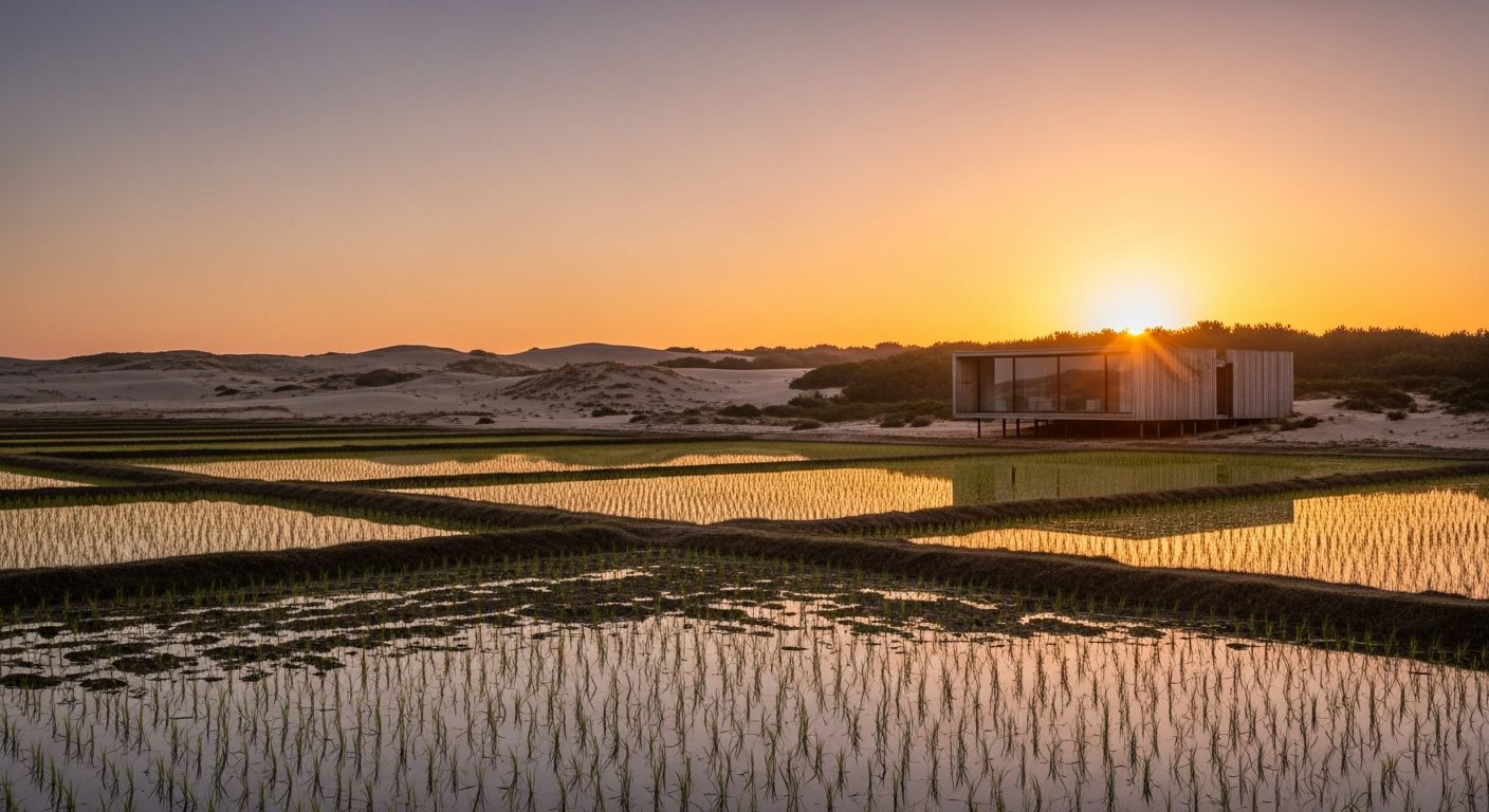 AI_IMAGE: Sweeping view of the Comporta rice paddies transitioning to Atlantic dunes at sunset, with a single contemporary timber and glass structure nestled in the treeline. Warm earth tones, cinematic wide composition. | photorealistic | landscape
