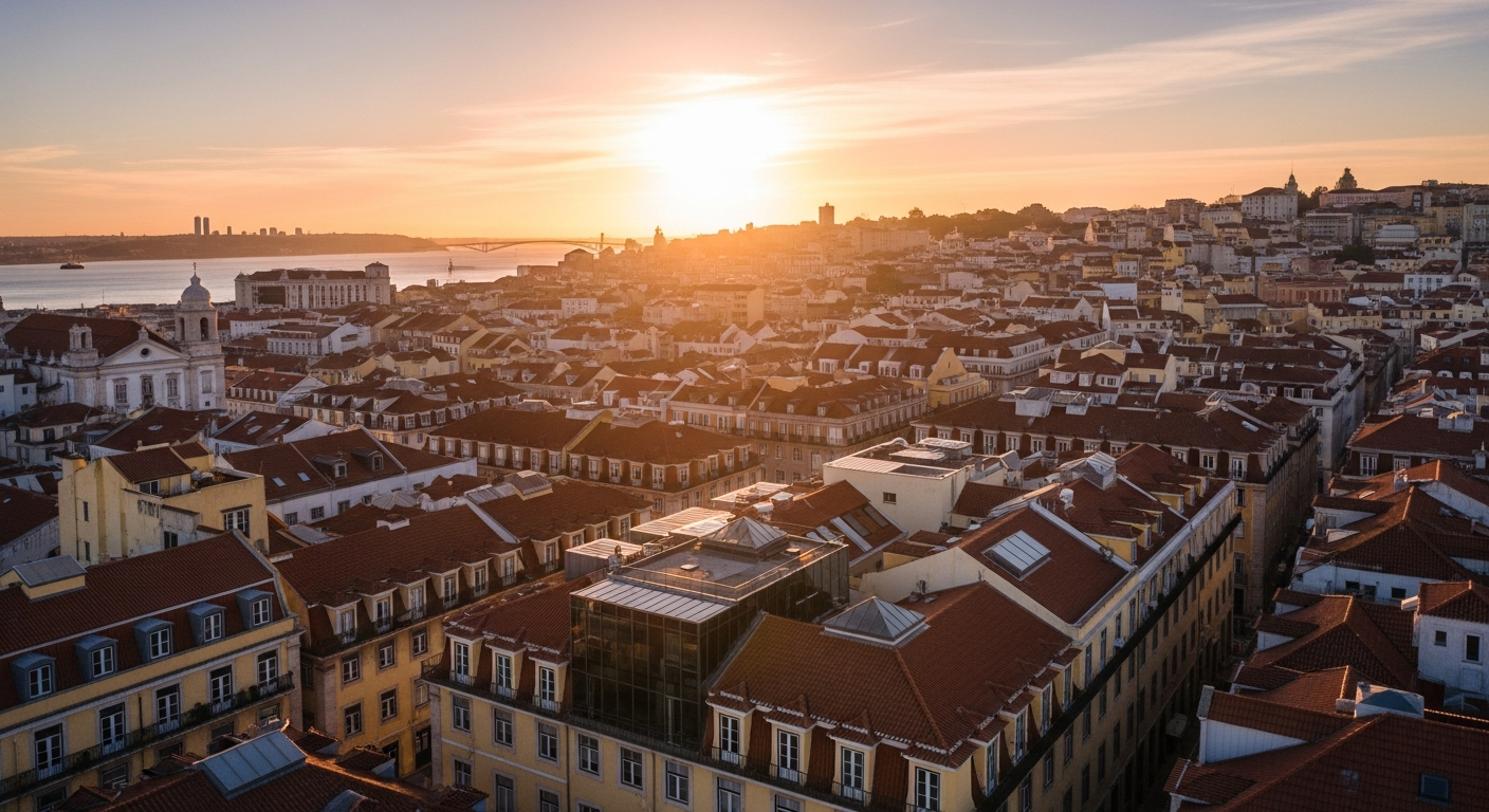AI_IMAGE: Aerial view of Lisbon rooftops at golden hour with traditional terracotta tiles and modern glass additions visible side by side, the Tagus River shimmering in the background. Warm, editorial, cinematic lighting. | photorealistic | landscape