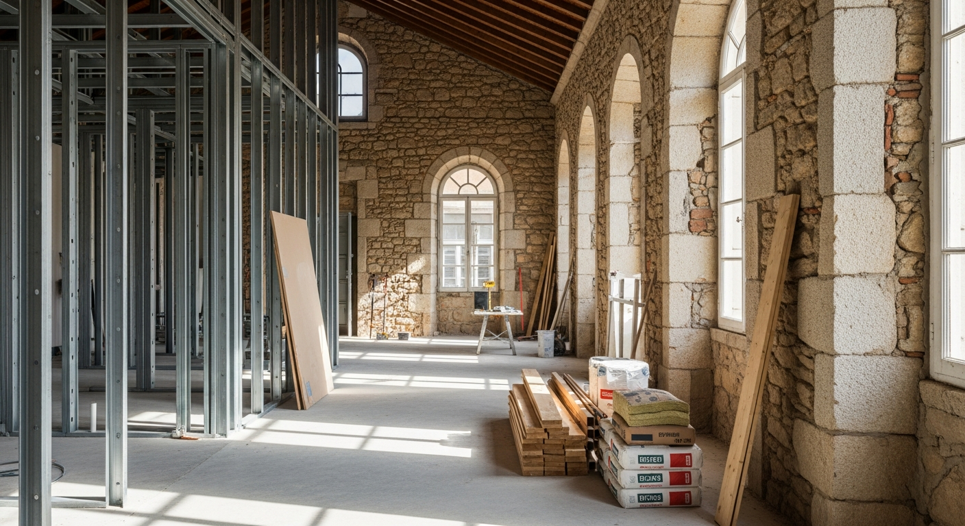AI_IMAGE: Interior of a partially renovated Portuguese townhouse showing exposed stone walls alongside modern steel framing and polished concrete, construction materials neatly stacked, natural light streaming through tall windows. Editorial documentary style. | photorealistic | landscape