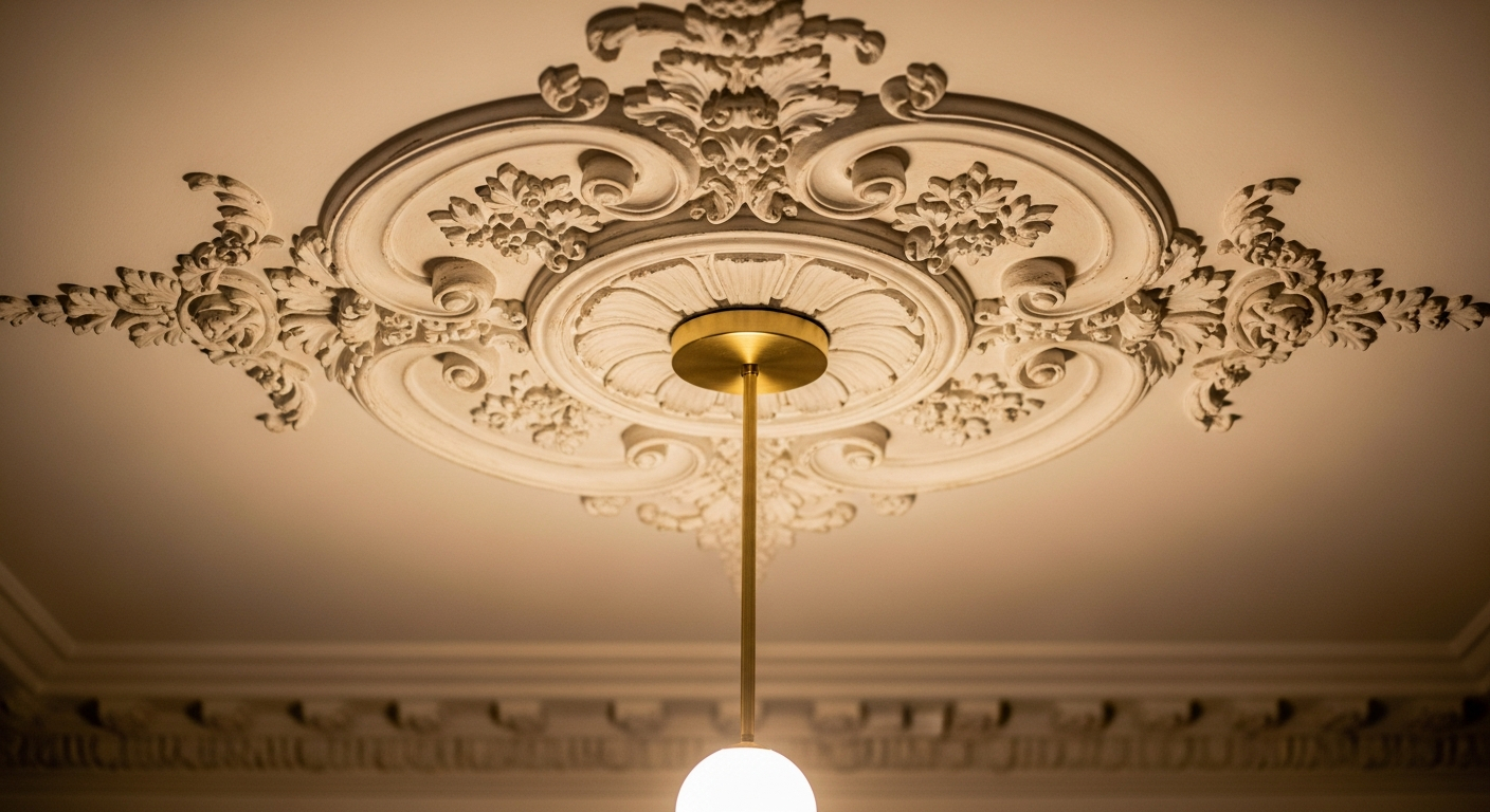 AI_IMAGE: Close-up detail of a restored ornate plaster ceiling medallion in a Lisbon apartment with a modern brass pendant light hanging from its centre, warm tones, shallow depth of field | photorealistic | landscape