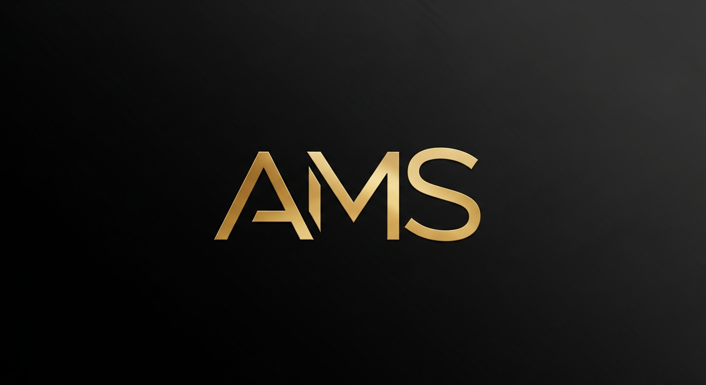 AI_IMAGE: A minimal gold monogram logo reading 'AMS' on a solid black background, styled as a luxury architecture studio identity. Clean, angular letterforms. | minimalist | landscape