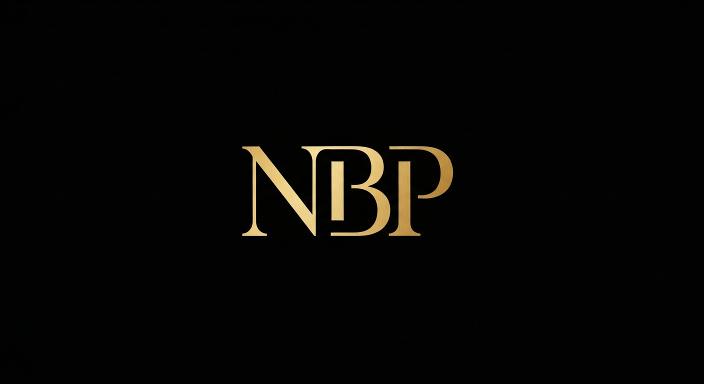 AI_IMAGE: A minimal gold monogram logo reading 'NBP' on a solid black background, styled as a Portuguese private banking identity. Elegant, serif, refined. | minimalist | landscape