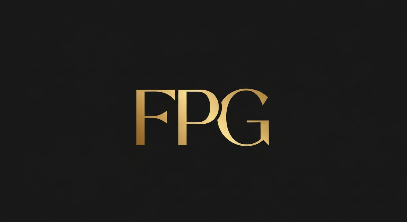 AI_IMAGE: A minimal gold monogram logo reading 'FPG' on a solid black background, styled as a luxury fiscal advisory firm identity. Clean, geometric, modern serif. | minimalist | landscape