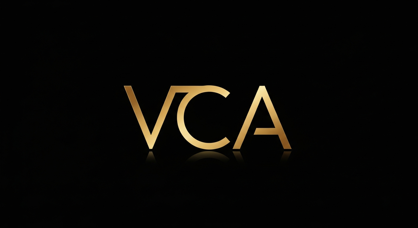 AI_IMAGE: A minimal gold monogram logo reading 'VCA' on a solid black background, styled as a luxury law firm identity mark. Clean, geometric, sans-serif. | minimalist | landscape