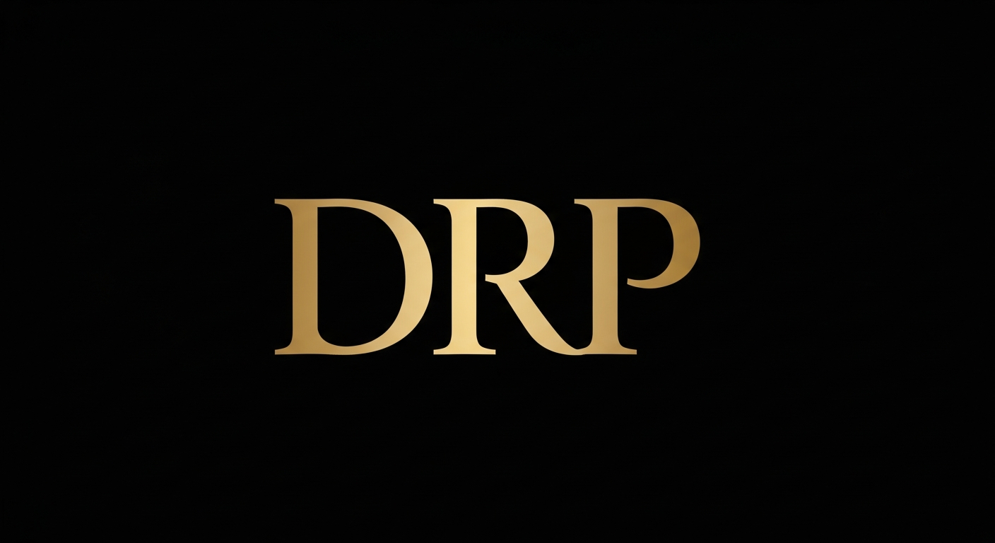 AI_IMAGE: A minimal gold monogram logo reading 'DRP' on a solid black background, styled as a Portuguese municipal services consultancy mark. Classic, authoritative. | minimalist | landscape