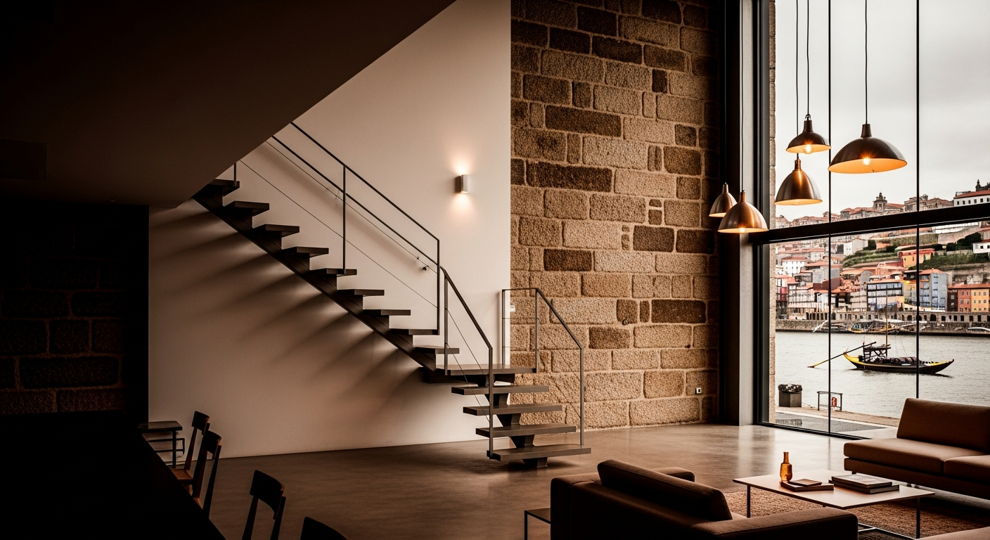 AI_IMAGE: Interior of a renovated Porto townhouse showing exposed granite wall alongside modern white plaster, open steel staircase, polished concrete floor, large window framing a view of the Douro River, contemporary pendant lighting, warm and moody editorial tones | photorealistic | landscape