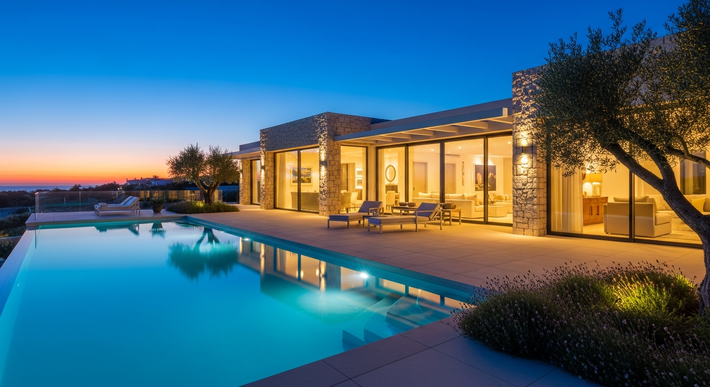 AI_IMAGE: Wide shot of a completed luxury villa terrace in the Algarve at twilight — infinity pool reflecting deep cobalt sky, warm interior lighting visible through floor-to-ceiling glass, clean modernist lines with natural stone cladding, coastal vegetation framing the scene. | photorealistic | landscape