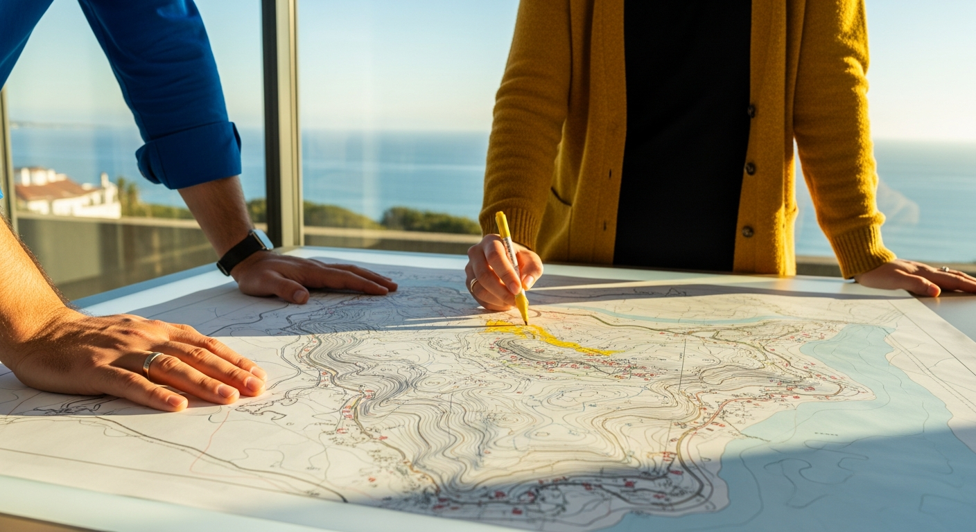 AI_IMAGE: Close-up of hands reviewing a large-format site plan on a light table, Portuguese coastal topography visible on the drawing, natural daylight from a floor-to-ceiling window showing an ocean view beyond, warm tones with cobalt accents in the clothing. | photorealistic | landscape