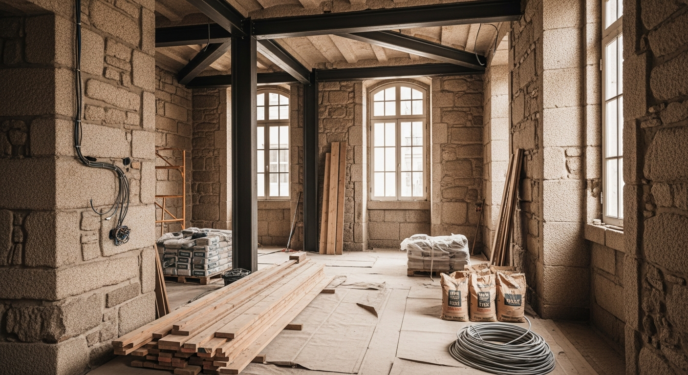 AI_IMAGE: Interior renovation in progress of a Porto townhouse — exposed granite walls alongside modern steel beam reinforcements, construction materials neatly organised, natural light streaming through tall heritage windows. Documentary editorial style, warm tones | photorealistic | landscape