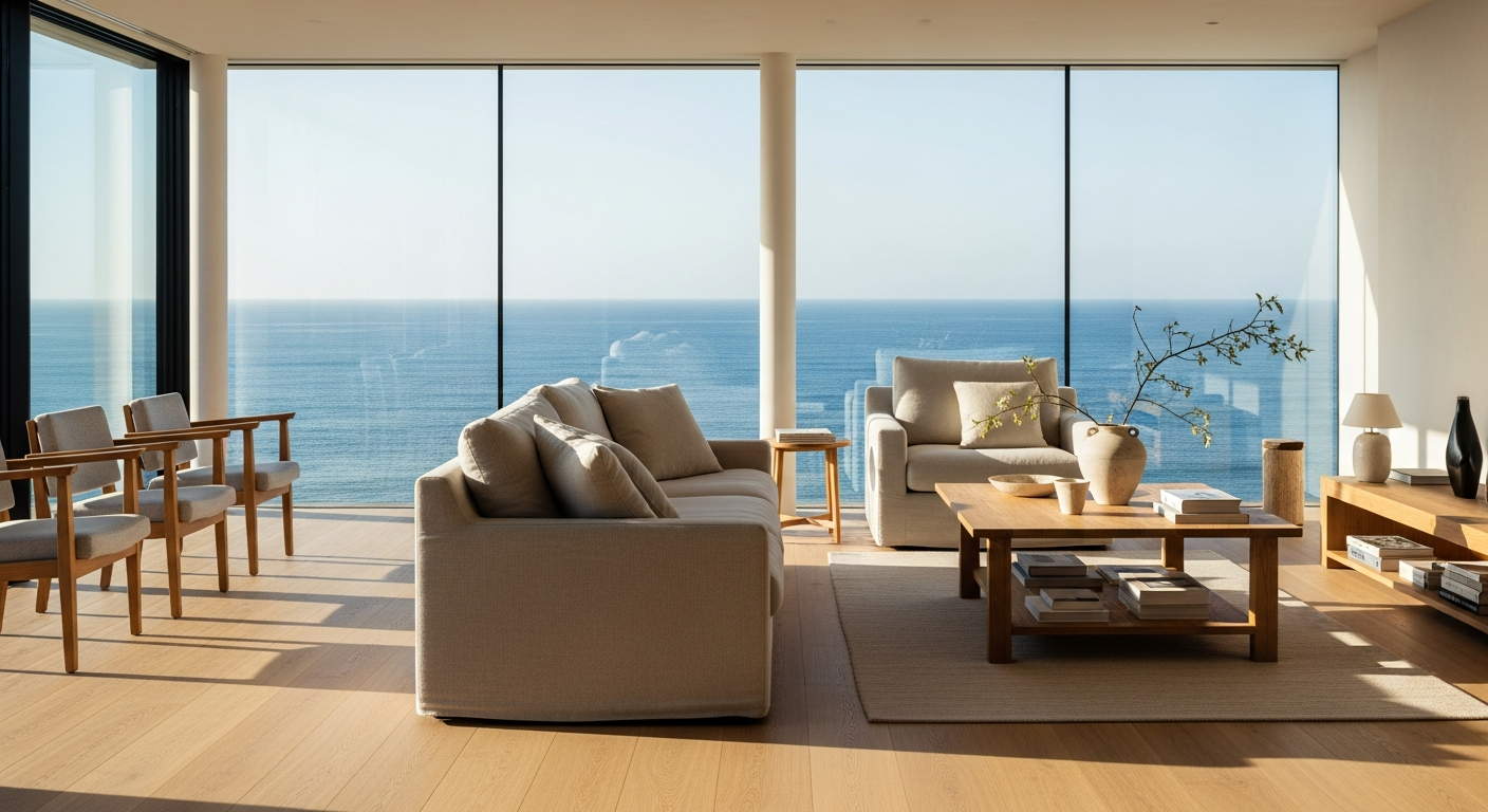AI_IMAGE: Interior of a renovated Portuguese Silver Coast villa with minimalist Scandinavian-influenced design — light oak floors, linen upholstery, floor-to-ceiling windows overlooking the Atlantic. Warm natural light, editorial luxury photography | photorealistic | landscape